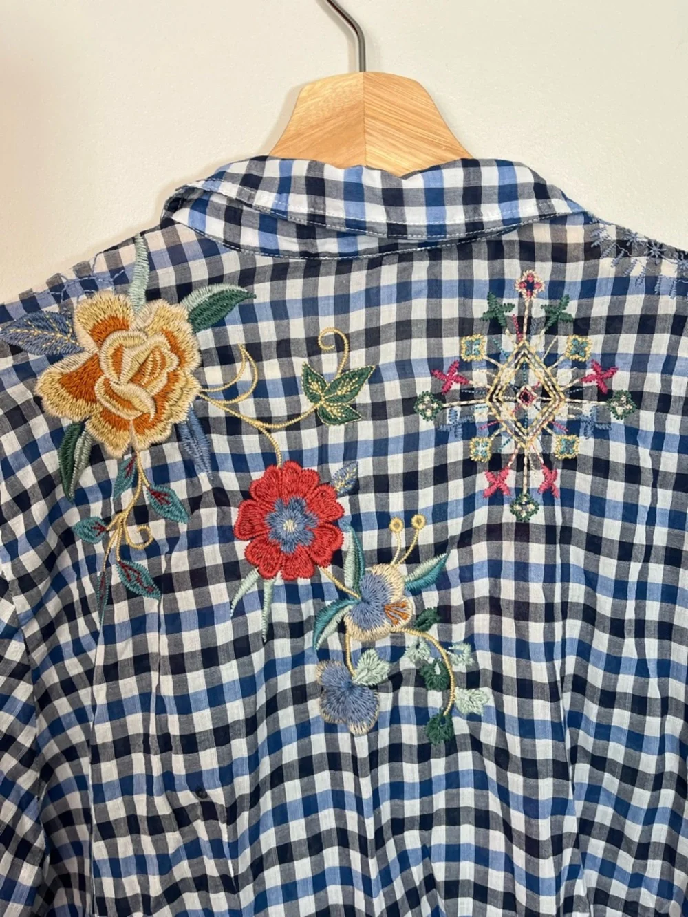 Johnny Was Blue Gingham Embroidered Peasant Tunic - Picture 7 of 12